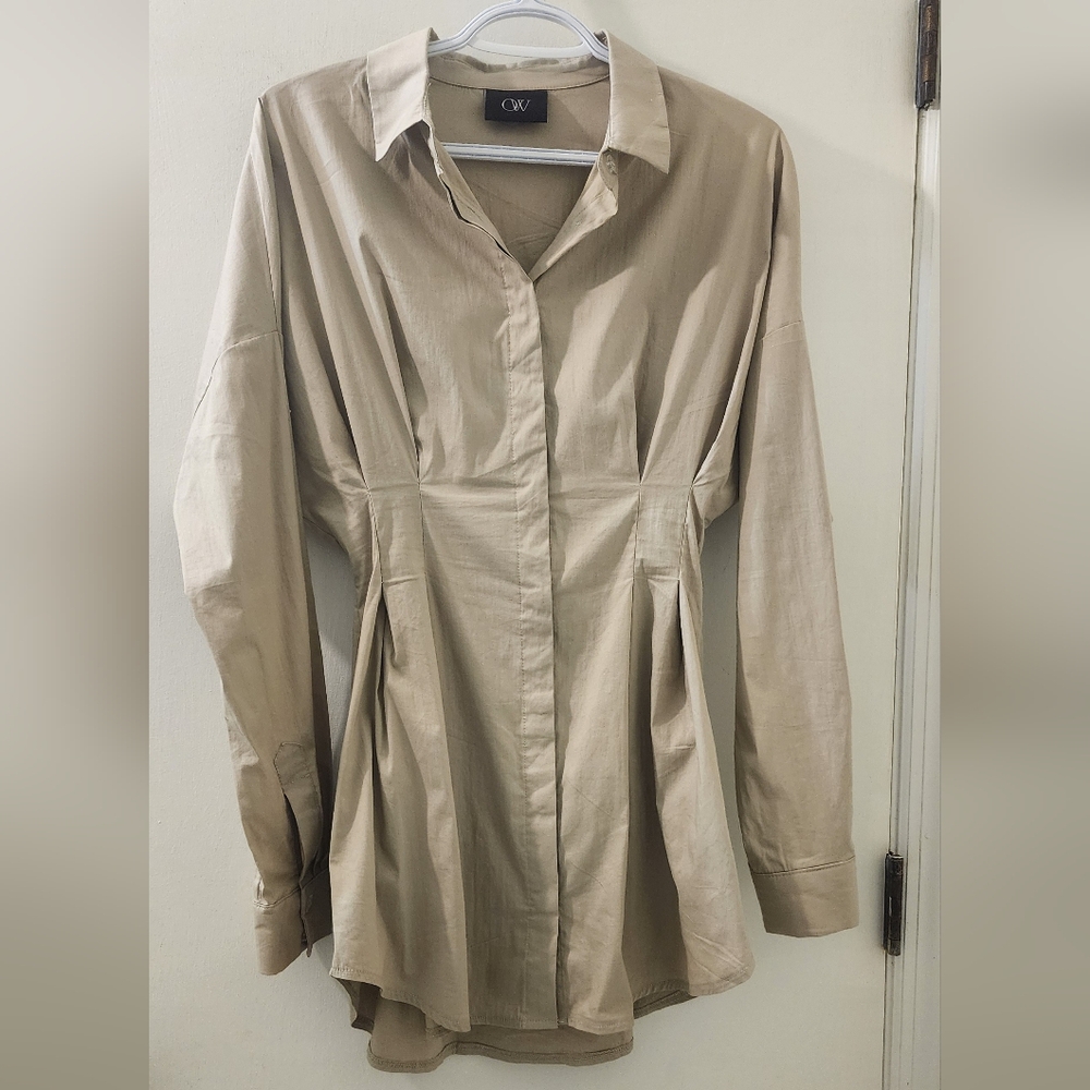 OW Collection Ella Shirt Dress, Tan, Size Small.